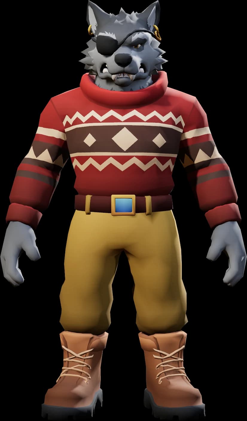 Bunson, a grey wolf with an eyepatch in a red knitted sweater
