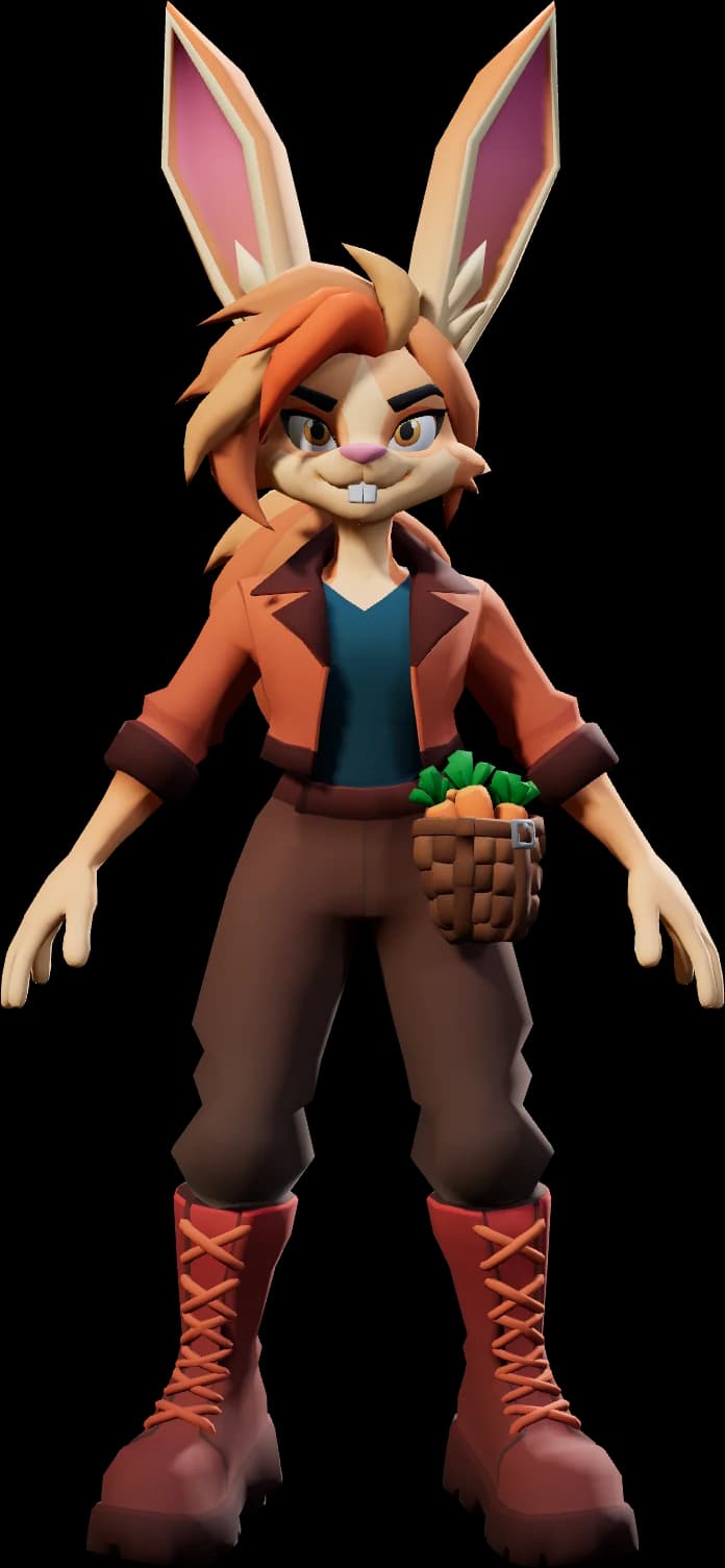 Carrie, a long-eared rabbit with a pouch of carrots