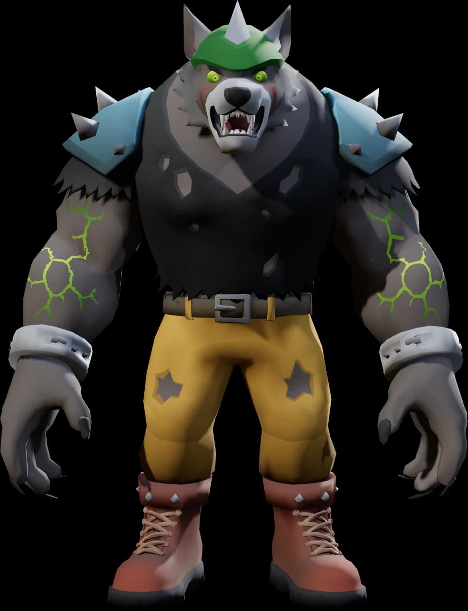 Diddlydoo, a huge grey wolf with spiked shoulder pads and a green cap