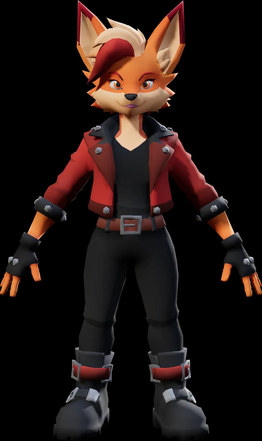 Frida, a fox in a red jacket with red-streaked hair