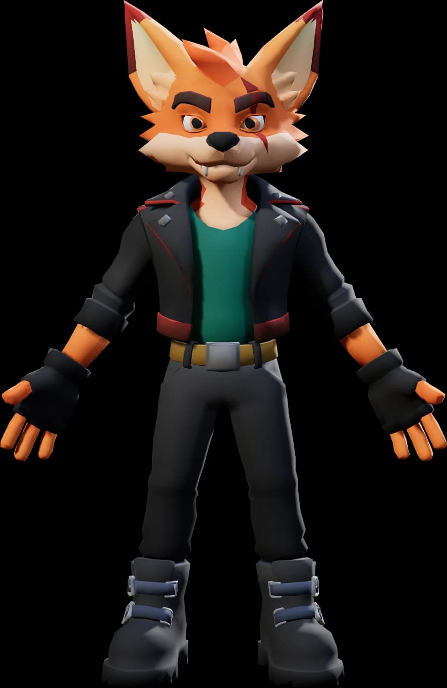 Kerkko, a fox in a black leather jacket and a green shirt