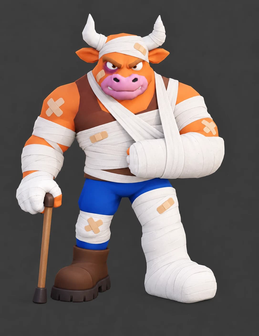 RaivoBull, a muscular orange bull in a brown tank top and blue trousers