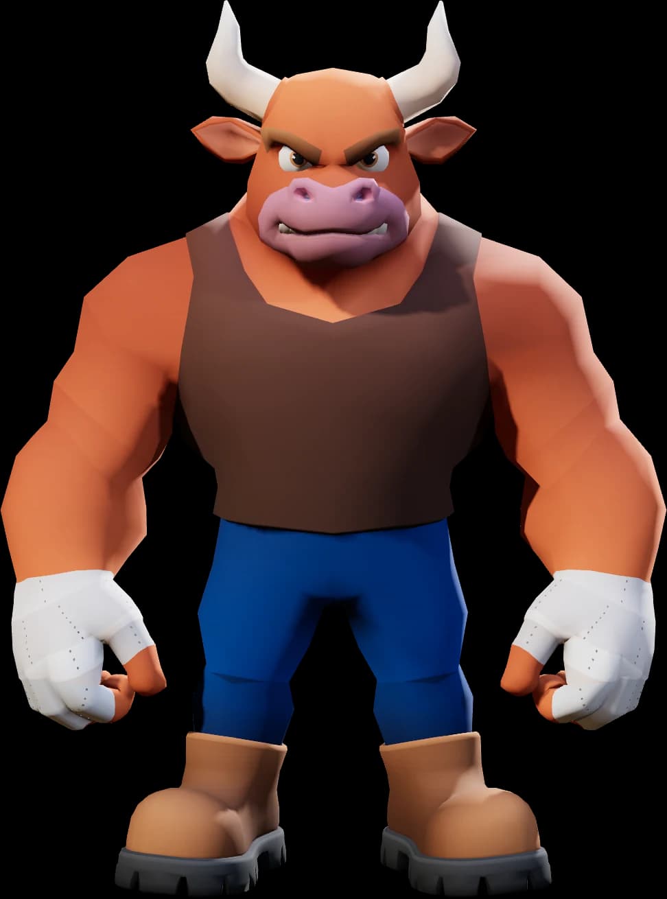 RaivoBull, a muscular orange bull in a brown tank top and blue trousers