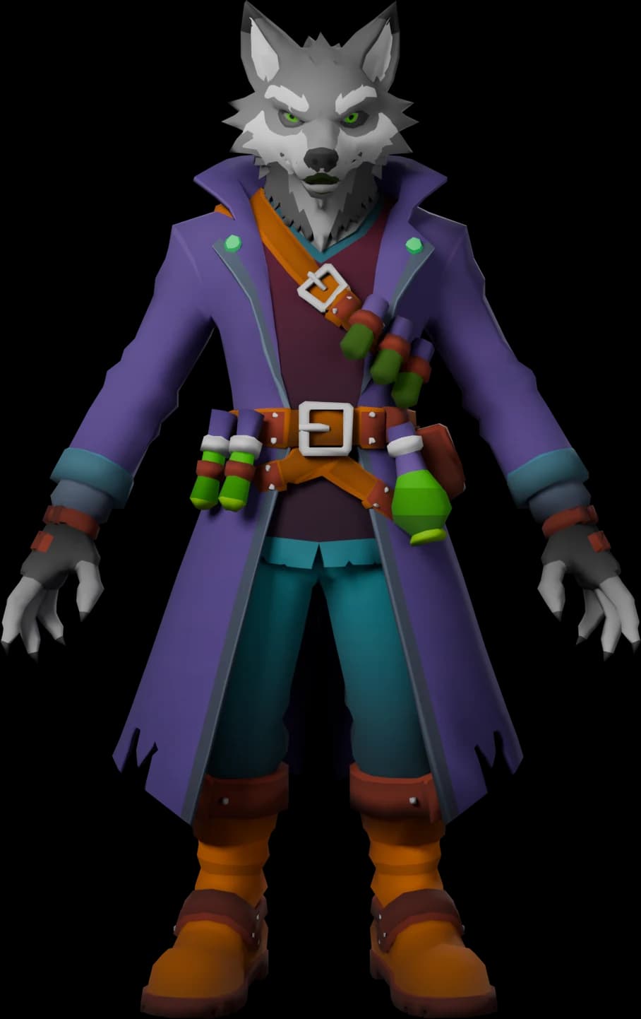 Ravenwood, a grey wolf alchemist in a long coat